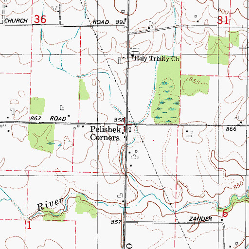 Topographic Map of Pelishek Corners, WI