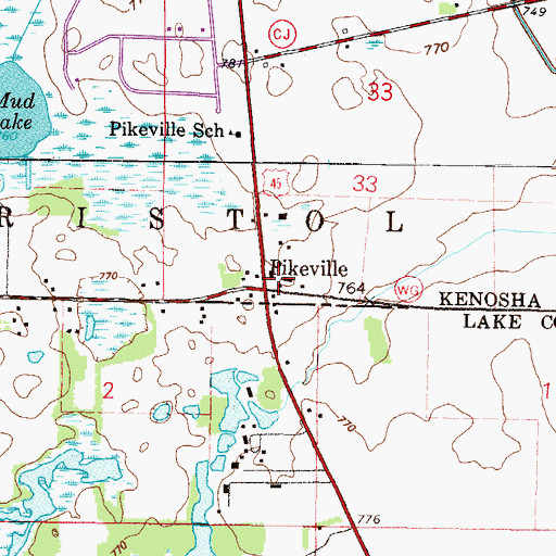 Topographic Map of Pikeville, WI