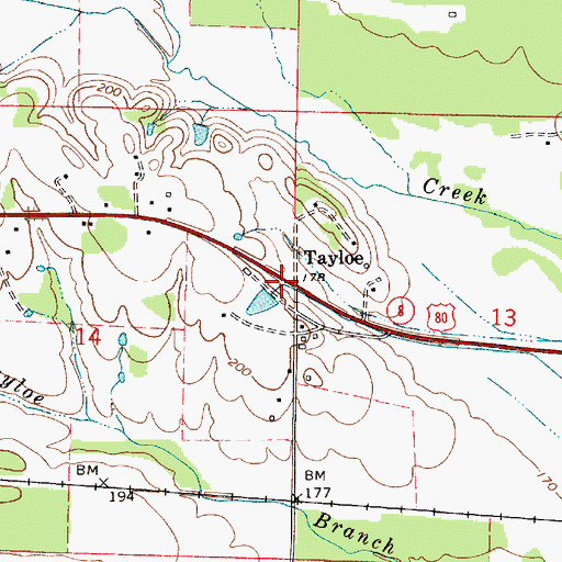 Topographic Map of Tayloe, AL