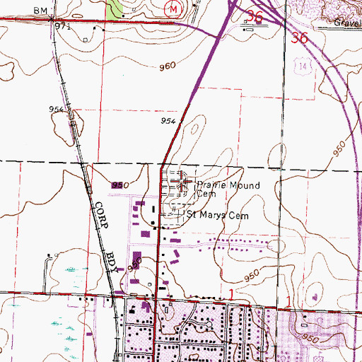 Topographic Map of Prairie Mound Cemetery, WI