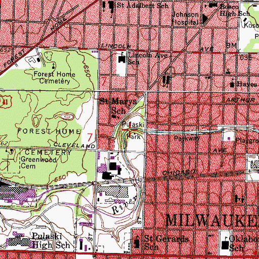 Topographic Map of Pulaski Park, WI