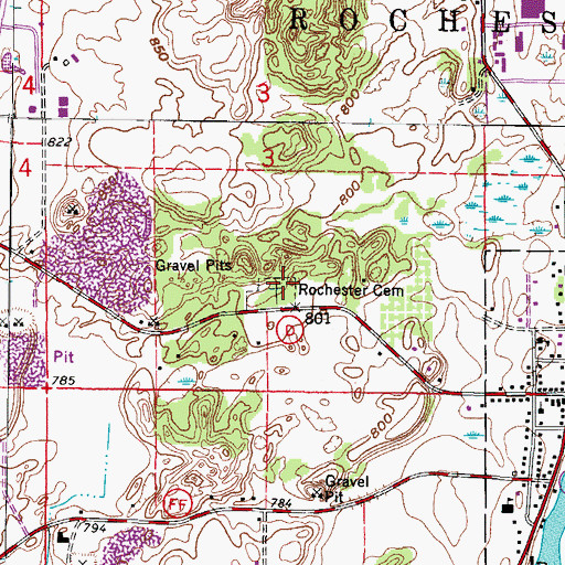 Topographic Map of Rochester Cemetery, WI