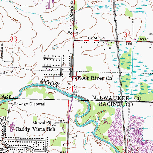 Topographic Map of Root River Church, WI