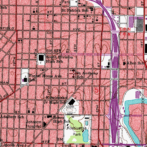 Topographic Map of Saint Anthony School of Milwaukee, WI