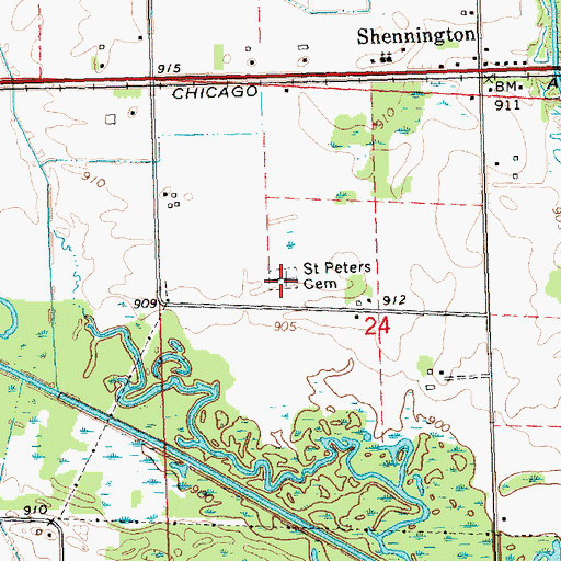 Topographic Map of Saint Peters Cemetery, WI