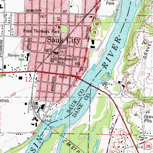 Topographic Map of Sauk City, WI