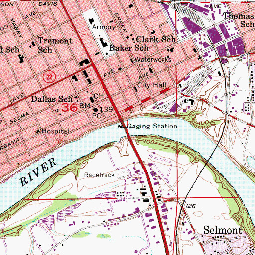 Topographic Map of Edmund Pettus Bridge, AL