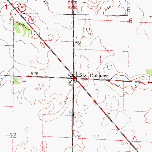 Topographic Map of Six Corners, WI