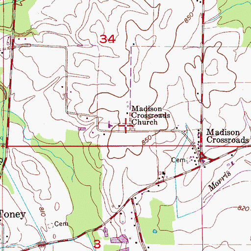 Topographic Map of Madison Crossroads Cemetery, AL