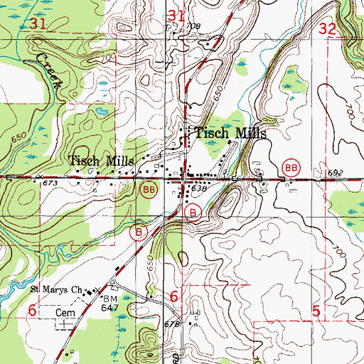 Topographic Map of Tisch Mills, WI
