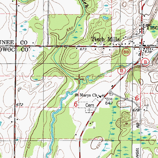 Topographic Map of Tisch Mills Creek, WI