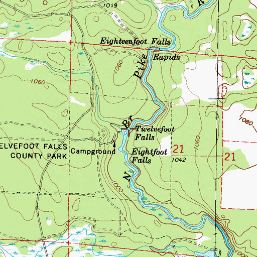 Topographic Map of Twelvefoot Falls, WI