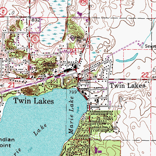 Topographic Map of Twin Lakes, WI