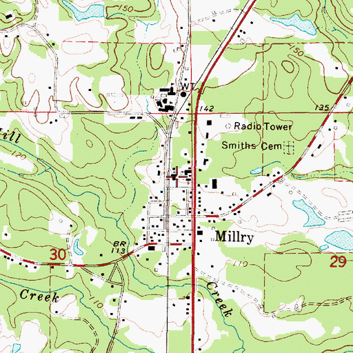 Topographic Map of Millry Cemetery, AL