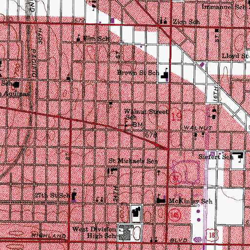 Topographic Map of Walnut Street School, WI