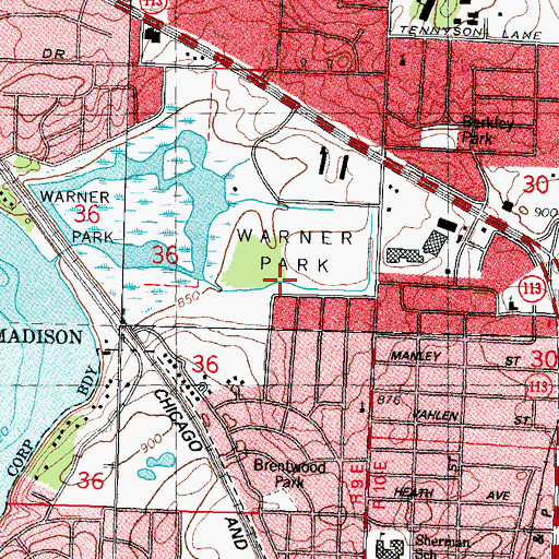 Topographic Map of Warner Park, WI