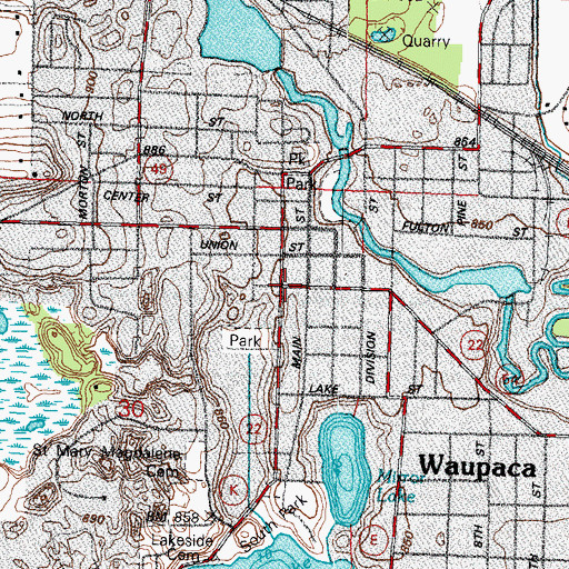Topographic Map of Waupaca, WI