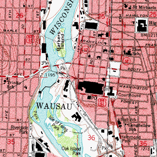 Topographic Map of Wausau, WI