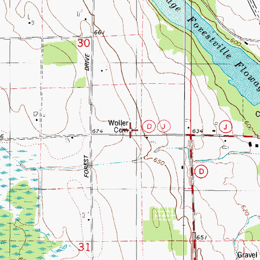 Topographic Map of Woller Cemetery, WI