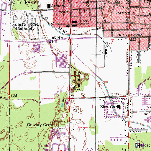Topographic Map of Woodlawn Cemetery, WI