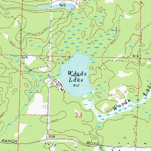Topographic Map of Woods Lake, WI