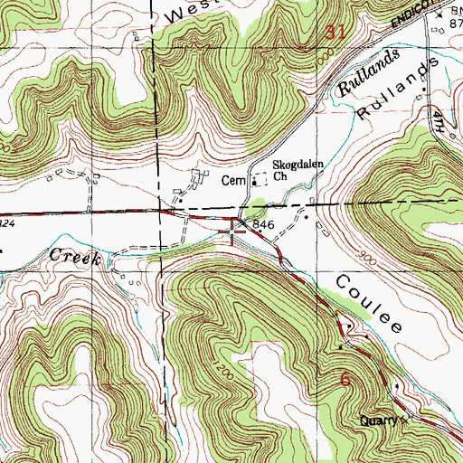 Topographic Map of Rullands Coulee Creek, WI