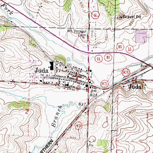 Topographic Map of Juda, WI