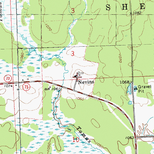 Topographic Map of Nevins, WI