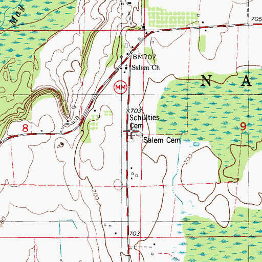 Topographic Map of Schulties Cemetery, WI