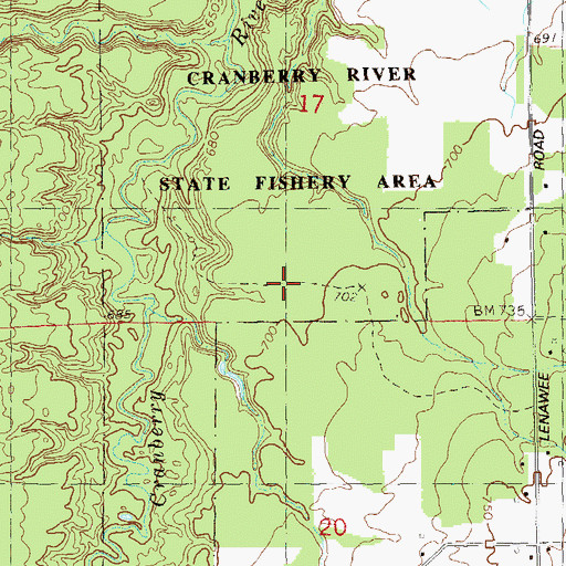 Topographic Map of Cranberry River State Fishery Area, WI