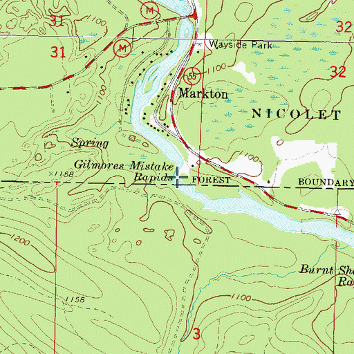 Topographic Map of Gilmores Mistake Rapids, WI