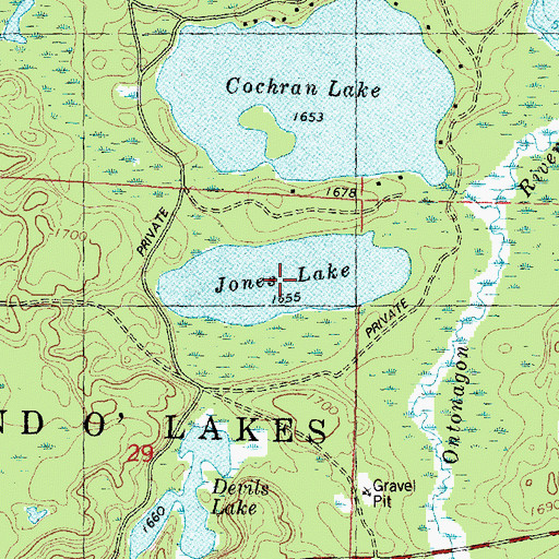 Topographic Map of Jones Lake, WI
