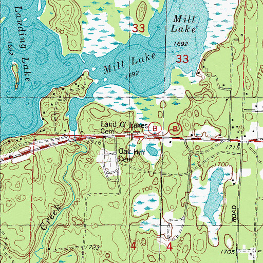 Topographic Map of Land O' Lakes Cemetery, WI