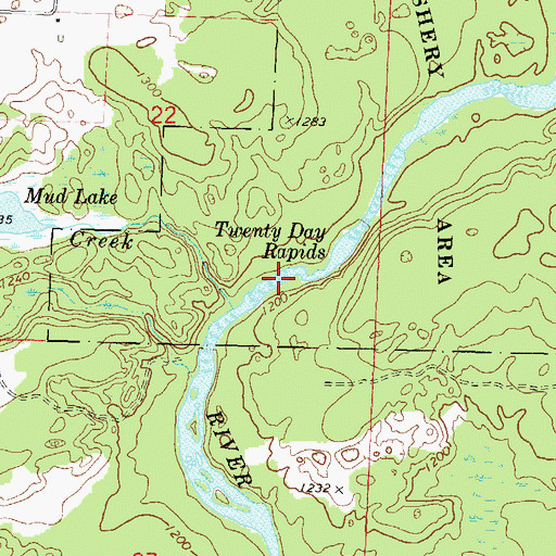 Topographic Map of Twenty Day Rapids, WI