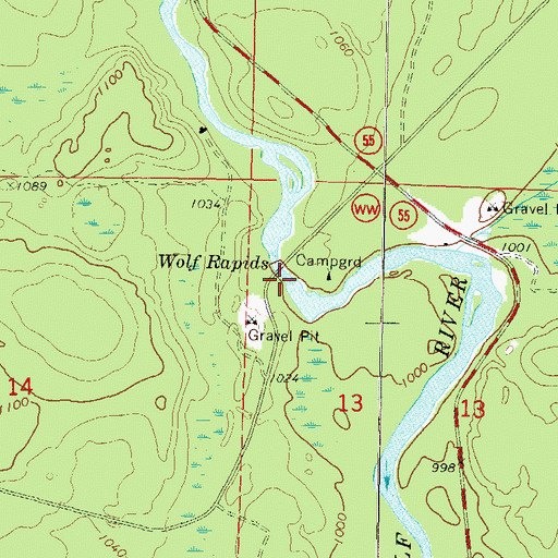 Topographic Map of Wolf Rapids, WI