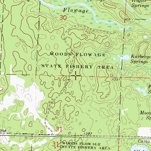 Topographic Map of Woods Flowage State Fishery Area, WI