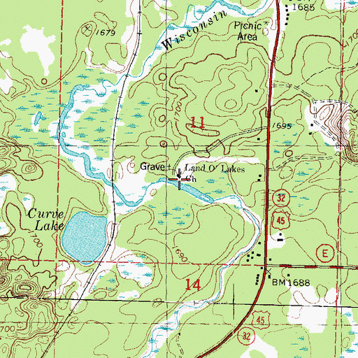 Topographic Map of Land O' Lakes Church, WI