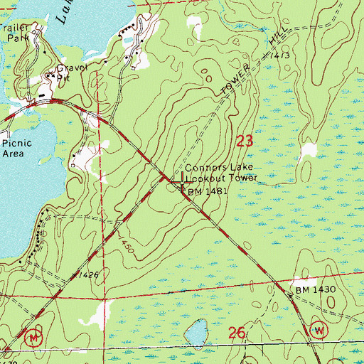 Topographic Map of Connors Lake Lookout Tower, WI