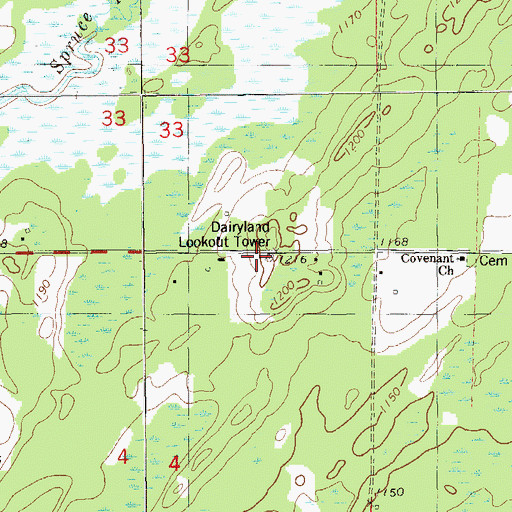 Topographic Map of Dairyland Lookout Tower, WI