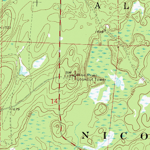Topographic Map of Pine River Lookout Tower, WI