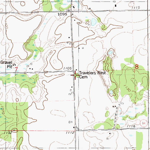 Topographic Map of Travelers Rest Cemetery, WI