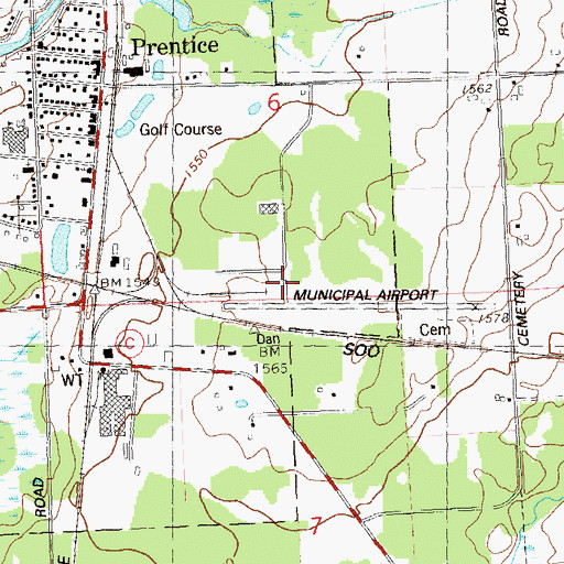 Topographic Map of Prentice Airport, WI