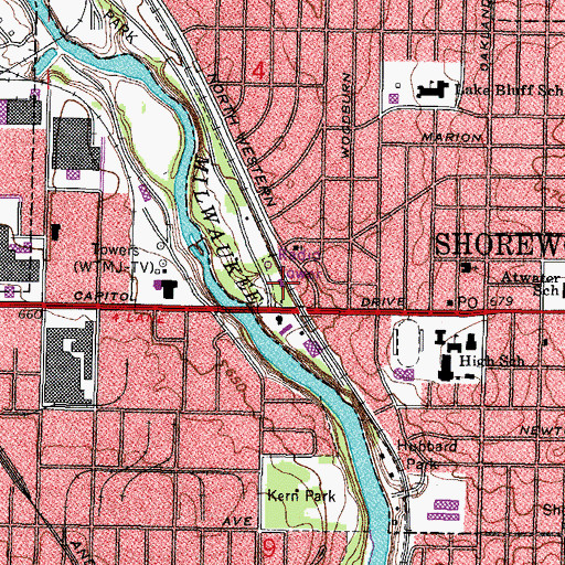 Topographic Map of WYMS-FM (Milwaukee), WI