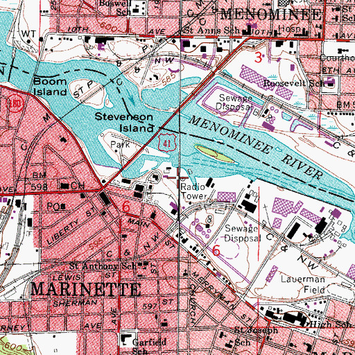 Topographic Map of WMAM-AM (Marinette), WI
