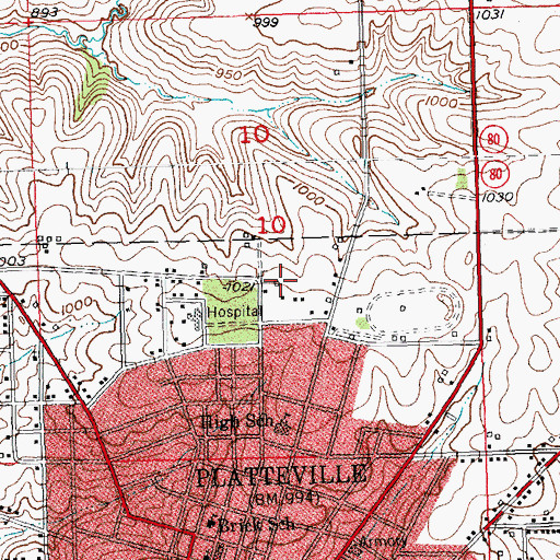 Topographic Map of WTOQ-AM (Platteville), WI