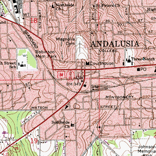 Topographic Map of Andalusia Commercial Historic District, AL