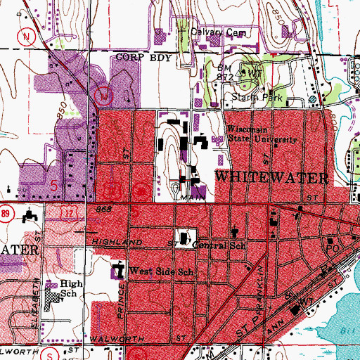 Topographic Map of WSUW-FM (Whitewater), WI