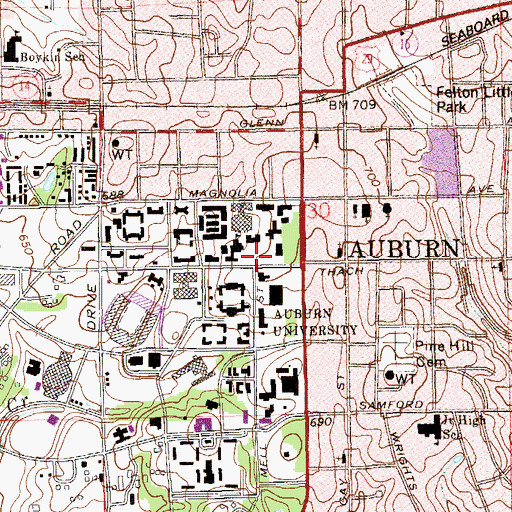 Topographic Map of Auburn University Historic District, AL