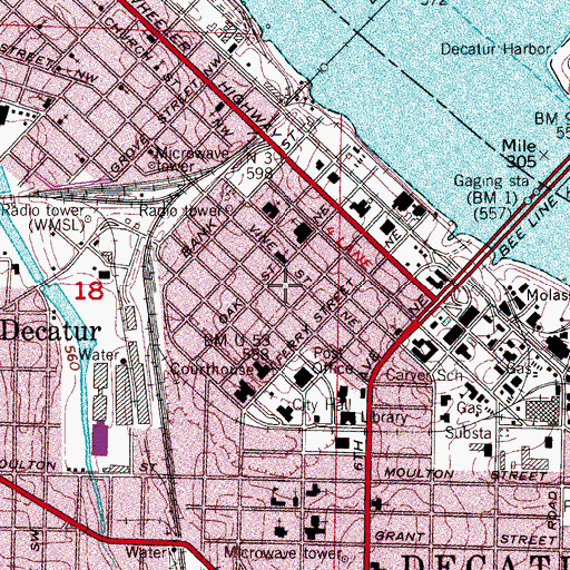 Topographic Map of Bank Street-Old Decatur Historic District, AL