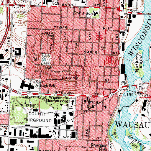 Topographic Map of City of Wausau, WI